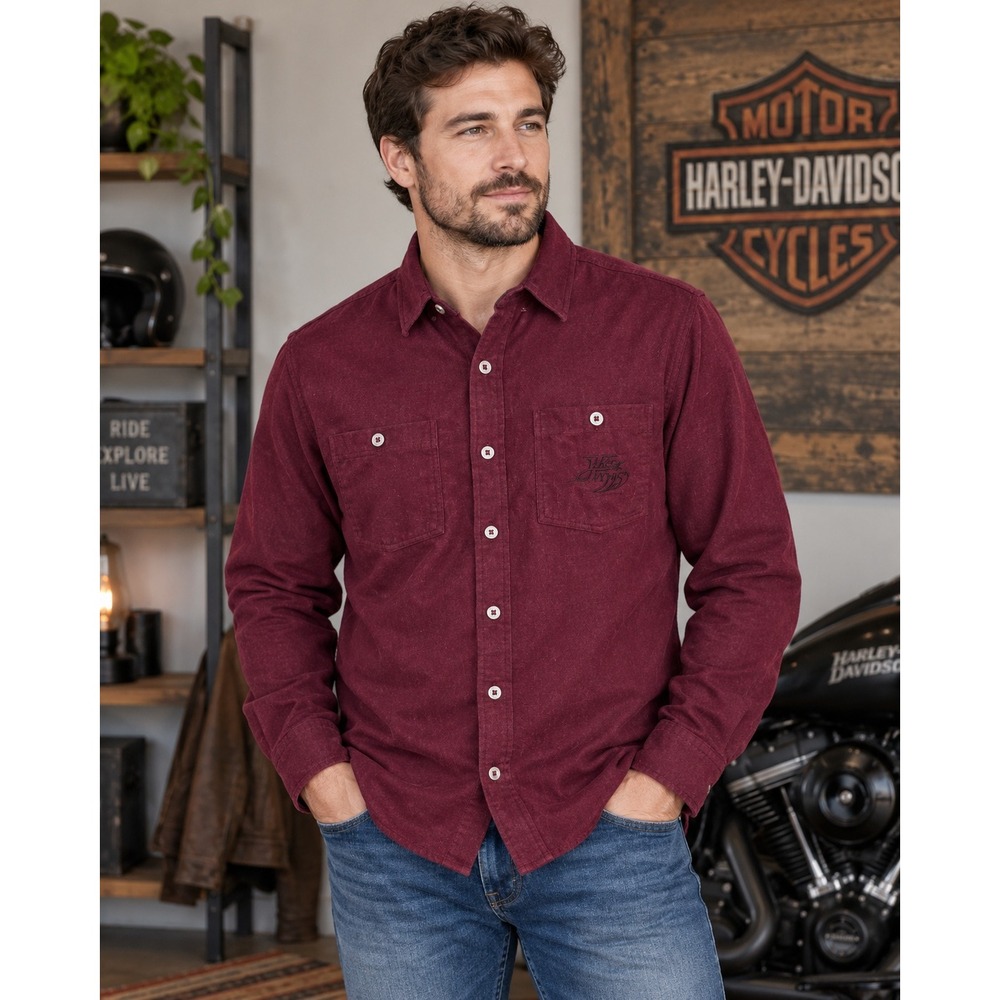 Harley Davidson Flannel Shirt Burgundy Embroidered Logo Button Down Medium